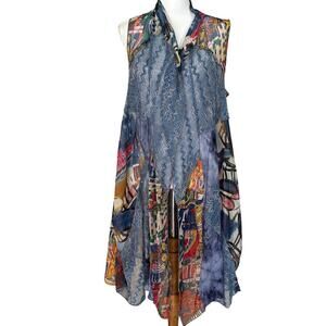 Sheer patchwork long vest, blue, boho chic, artsy, eclectic, hippie, romantic‎